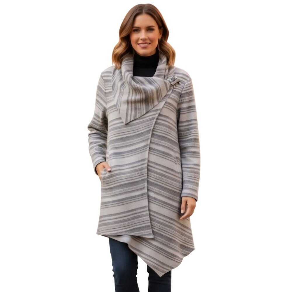 Garnet Hill Asymmetrical Boiled Wool Coat Toggle Clasp Gray Stripe Size 8p